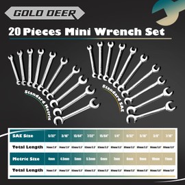 GOLD DEER 20 Pcs Mini Double Open End Wrench Set Standard Metric and SAE 5/32"-7/16"&4-11mm Extra Slim Open End Angle Wrench with Storage Roll Pouch, Double Open End Spanner Set Ignition Wrench Set