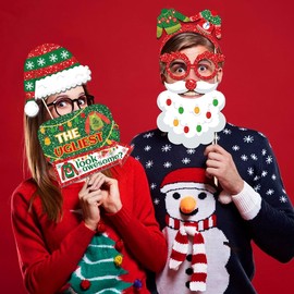 20 Pcs Christmas Ugly Sweater Photo Booth Props Xmas Theme Santa Claus Hat Reindeer Photo Props Selfie Photography for Xmas Winter Holiday Birthday Party Decorations Supplies