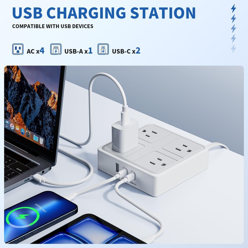 Flat Plug Power Bar with USB C, 4FT Ultra-Thin Extension