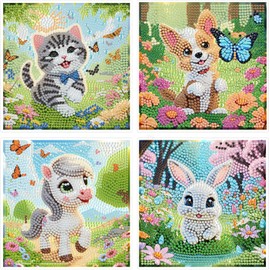 Gemartmall Diamond Painting Children's Set of 4 15 x 15 cm Animals Diamond Painting Pictures Children, DIY Creative Set with Complete Tool Set Gift for Boys Girls