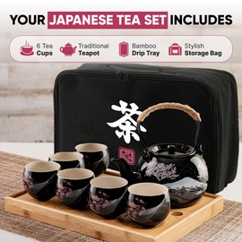 Traditional Japanese Tea Set - Ceramic Tea Set with Teapot, 6 Tea Cups, 1 Bamboo Tea Tray & Storage Gift Bag for Travel, Home or Outdoor, Tea Sets for Adults with Teapot and Tray, Men or Women | 茶具