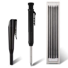 cobee Mechanical Carpenter Pencils with 6 Refills, Solid Carpenter Pencils with Built-in Sharpener Woodworking Deep Hole Making Automatic Pencils Long Nosed for Drawing Scribing Construction(Black)