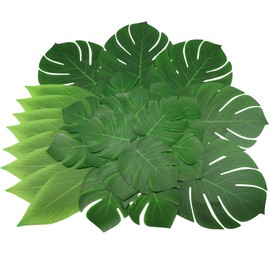 Lorigun Artificial Palm Leaves, 50 Pcs Fake Tropical Leaves for Party Decor Safari Jungle Leaves Hawaiian Luau Theme Party Table Decorations Faux Green Leaves for Birthday Wedding