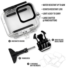 Waterproof Case for GoPro Hero 13/12/11/10/9 Black - 60M/196FT Diving Protective Housing for GoPro 13/12/11/10/9, Underwater Action Camera Case for GoPro, Include Quick Release Mount & Anti-Fog Insert