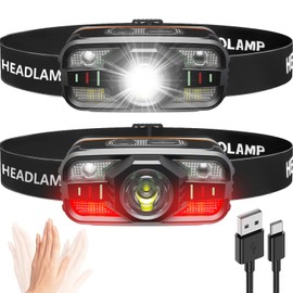 ASORT Headlamp Rechargeable, 2000 Lumen Ultra-Light LED Headlight with White & Red Light, Motion Sensor, 11 Modes, Waterproof, Adjustable Headband for Outdoor Camping, Hiking, Fishing (2-Pack)