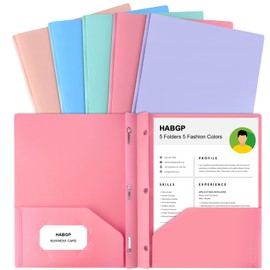 HABGP Two Pocket Folder with Prongs (5 Pack, Pastel Colors), Plastic Folders with Pockets and Business Card Holder, Folders with Pocket Fit Letter Size, Organizing Papers in School, Office & Business