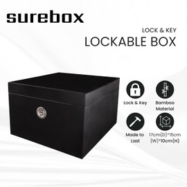 surebox Small Lockable Box - Bamboo - Lock & Key - Secure Home Storage (Black)