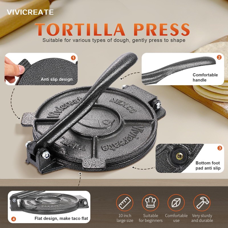 Vivicreate Cast Iron Tortilla Press Dough Flour Tortilla Rotis Quesadilla
