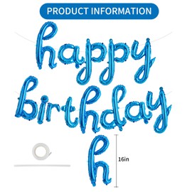 TONIFUL Blue Happy Birthday Balloons Banner,Cursive Happy Birthday Balloons Blue Birthday Decorations Blue Mylar Foil Birthday Balloons for Kids and Adults