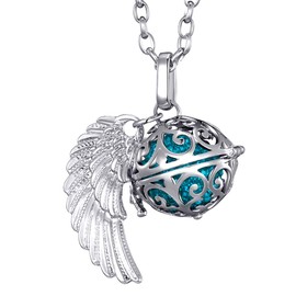 Morella women’s guardian angel necklace stainless steel 70 cm with pendant angel’s wings and chime ball zirconia,in jewellery bag, Stainless Steel