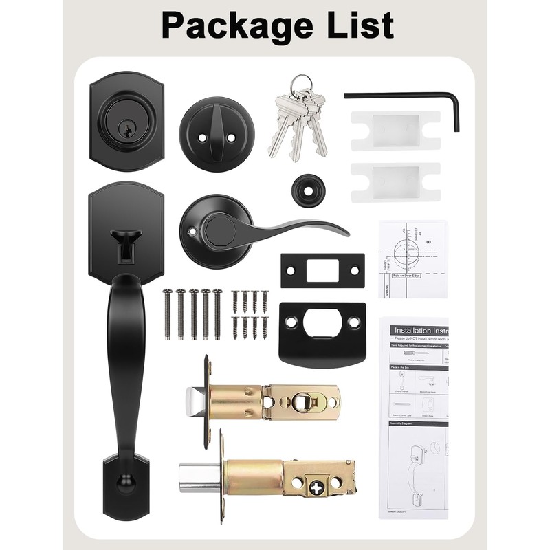Tinewa Camelot Black Front Door Handle and Deadbolt Set, Front