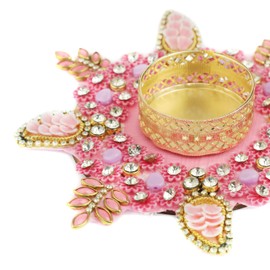 Aditri Creation Set of 2 Decorative Mat Rangoli with T-Light Candle Holder Stand for Christmas Decorations Made up of Golden Embrodaries for New Year Gifting Idea (Size:- 5")(Colour:- Pink)