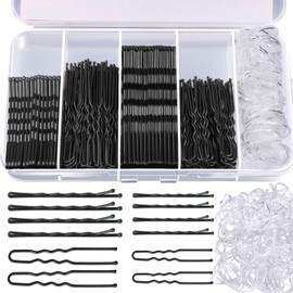 Teenitor 300pcs Hair Pins Bobby Pins Black, 100 Black Bobby Pins 100 Hair Pins for Women and 100 Clear Hair Bands Kit, Black Hair Pins for Buns 2" 2.36" and Black Bobby Pins 2" 2.75"
