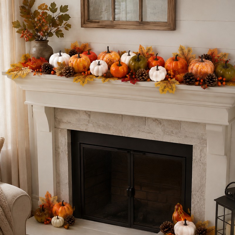 50Pcs Thanksgiving Artificial Pumpkins Set with Leaves Acorns and Pine