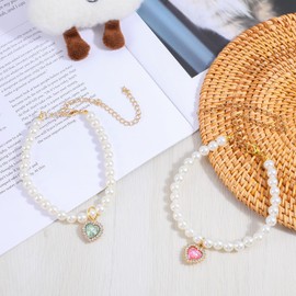 Tyqour 2pcs Pearl Cat Dog Collar with Small Heart Shape Rhinestone, Cat Collars for Girl Cats, Adjustable Dog Pearl Necklace Collar for Small Dogs and Cats, Pink + Green