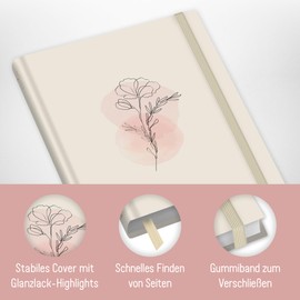 paper&you® Notebook A5+ Lined with Elastic Band "Dainty Flower" 156 Pages, 78 Sheets - Bullet Journal, Diary, Notebook - Sustainable and Climate Friendly