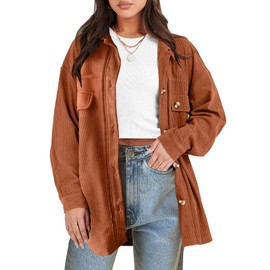 ANRABESS Womens Corduroy Shacket Button Down Shirts Oversized Long Sleeve Casual Cardigan Jacket 2024 Fall Fashion Clothes Caramel Large