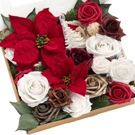 Ling's Moment Christmas Flowers Artificial, Red Poinsettias Artificial Christmas Flowers and Greenery Grand Combo for DIY Wedding Bridal Bouquet, Centerpieces, Home, Floral Arrangement Decor, etc.