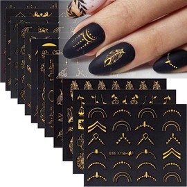 Gold Nail Art Stickers Gold Flowers Nail Decals Golden Leaf Lace Nail Stickers 3D Self-Adhesive Nail Design Stickers Geometry Line Nail Art Stickers for Nail Designs Decoration Accessories for Women
