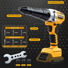 Decwls Cordless Rivet Gun Electric Compatible with Dewalt 20V Max Battery, Brushless Cordless Rivet Tool Kit, Pop Rivet Gun with 3 Size (1/8", 5/32", 3/16") Rivets & Rivet Head, Led Light (Tool Only)