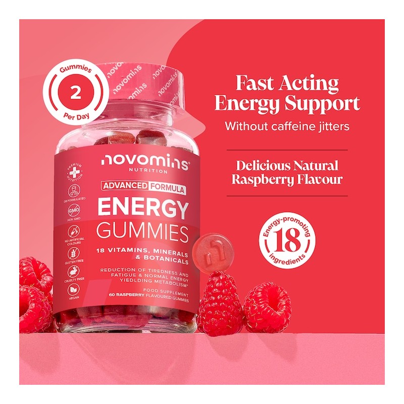 Novomins Energy Raspberry Flavour Vitamins 60 Gummies 30 Days Supply