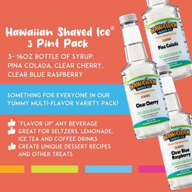 Hawaiian Shaved Ice Syrup Assortment, 3 - 16oz Bottles of The Most Popular Flavors: Clear Cherry, Pina Colada, Clear Blue Raspberry. For Shaved Ice, Snow Cones, Sodas, Ice Pops, and Slushies. Allergy-Friendly. Dye-Free. No Artificial Colors