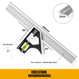 Simon & Co Combination Square Stainless Steel 300 mm - Only with Metric System - Pencil Included