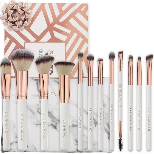 Lily England Make Up Brush Set Professional Brush Set in Rose Gold with Marble Cosmetic Bag Vegan Brush Set Makeup with 4x Face Makeup Brushes and 8x Makeup Brushes Eyes