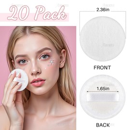 AUEAR, 20 Pack Powder Puffs Washable Pure Cotton Round Makeup Pads 2.36 Inch Cosmetic Face with Ribbon for Loose Foundation (White)