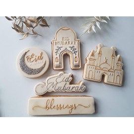LissieLou Mosque Outline with Eid Mubarak Ramadan Icing Fondant Cookie Cutter and Stamp - Light Pink