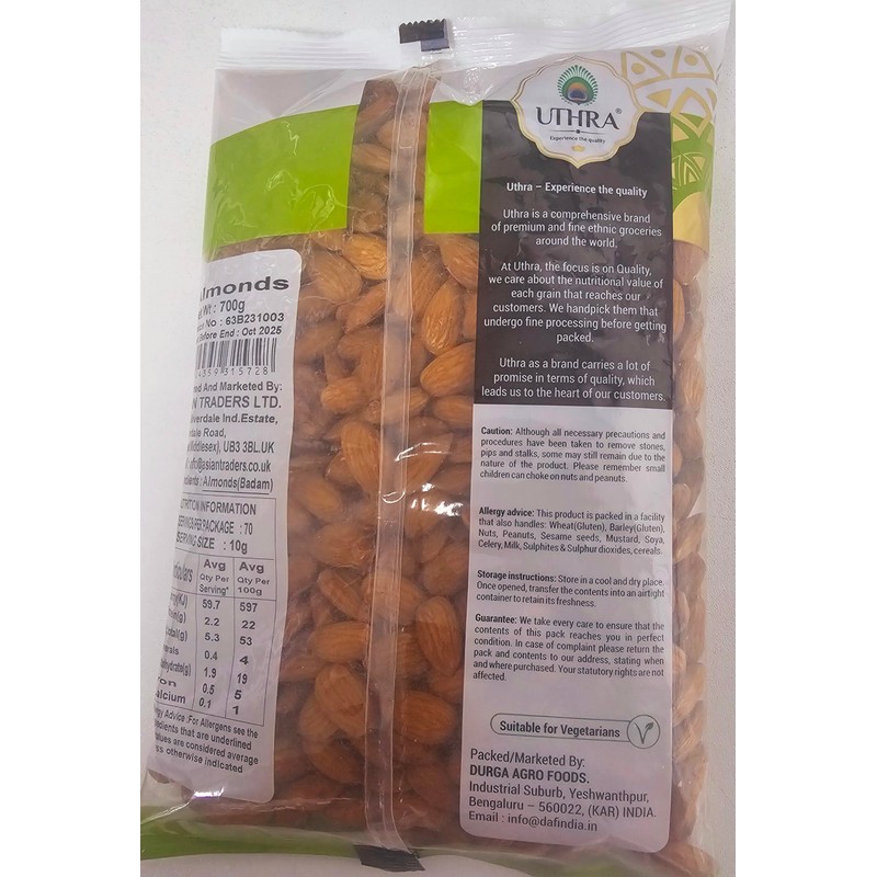 Uthra Raw Almonds 700g (Pack of 2) | Whole Almonds