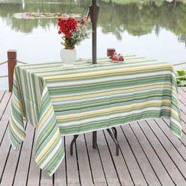 Eternal Beauty 60 x 104” Rectangle Outdoor Tablecloth Water-Resistant Tablecloth with Zipper Umbrella Hole for Outdoor Patio Dining Table Cover, Green Stripe