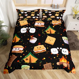Cute Marshmallow Bedding Set Queen Size Kids Cute S'Mores Cookie Comforter Cover Set for Boys Teens Happy Camping Duvet Cover Breathable Outdoor Adventure Bedspread Cover Room Decor Quilt Cover