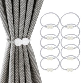 10 Pcs Magnetic Curtain Tie Backs, Magnetic Tie Backs for Curtains, Modern Pearl Rope Curtain Holder Buckles, Weave Rope Drape Clips for Home Office Window Decoration (Silver Gray)