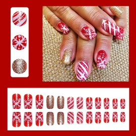 24Pcs Christmas Snowflake Press on Nails Short Square Fake Nails with Candy Designs Xmas Gold Glitter False Nails Full Cover Nails Xmas Holiday Red Stick on Nails for Winter DIY Manicure Decorations