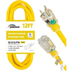 12 Ft Yellow Outdoor Extension Cord with Lighted End Weatherproof 12 Gauge