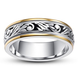 AVECON 925 Sterling Silver Wedding Band Ring for Men Women Unisex Vintage Floral Vine, Silver Gold Two Tone, Size 9