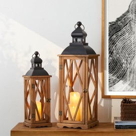 Glitzhome Set of 2 Farmhouse Lanterns Decorative Outdoor & Indoor, Wooden Candle Lanterns Decor, Outdoor Garden Hanging Lanterns for Gift, Yard, Garden, Patio, Balcony,Porch, Party (Black), GH51242