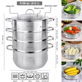3-Tier Stainless Steel Steamer Pot with Lid Dumpling Steamer Pot for Cooking (3-tiered), Multi-Layer Cookware Pot, Food Vegetable Cooking Pan with Stackable Pan Insert for Vegetable, Dumpling, Meat, Dishwasher safe, Induction Safe (Silver, 9.08-qt. (8.6 L))