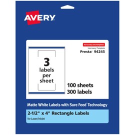 Avery Matte White Rectangle Labels with Sure Feed, 2.5" x 4", 300 Matte White Printable Labels