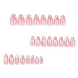 Press on Almond Nails French Glossy Full Cover Acrylic False Nails Almond Medium Length Artificial Fake Nails Almond with Designs Glue on Almond Nails with Charm Stick on Fingernails for Women(JP3287)