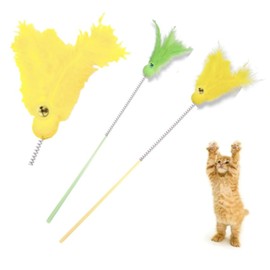 CHIPP'S Cat Delight Fuzzy Pom Pom 2 Kittens Feather Toy, Handheld and Freestanding, 2-Way (Yellow & Green)
