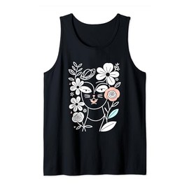 Cat Lover Minimalist Elegant Floral Botanical Line Art Tank Top
