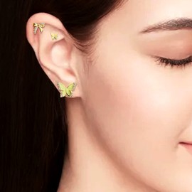 Sonateomber Green Butterfly Bow Ribbon Tiny Stud Earring Set for Women, 3 Pairs Small Cute Gold plated 925 Sterling Silver Post Hypoallergenic studs Jewelry Girls Valentines Gift