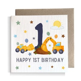 Second Ave 1st Birthday Age 1 Children's Kids Baby Digger Square Card For Boy or Girl Birthday