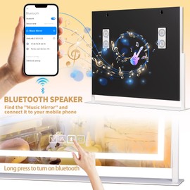 Hasipu Vanity Mirror with Lights and Bluetooth Speaker, 28" x 20" LED Makeup Mirror, Light up Mirror with 10X Magnification, USB Charging Port, Smart Touch 3 Colors Dimmable (White)