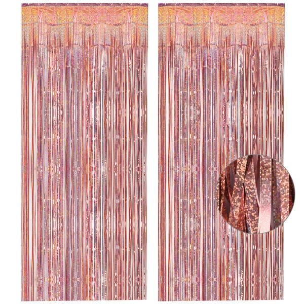 Rose Gold Tinsel Curtain Party Backdrop - GREATRIL Foil Fringe Curtain Streamers for Bachelorette Party Decorations Bride to Be Birthday Girls Streamers Party Decor 2 Packs (Glitter Rose Gold)