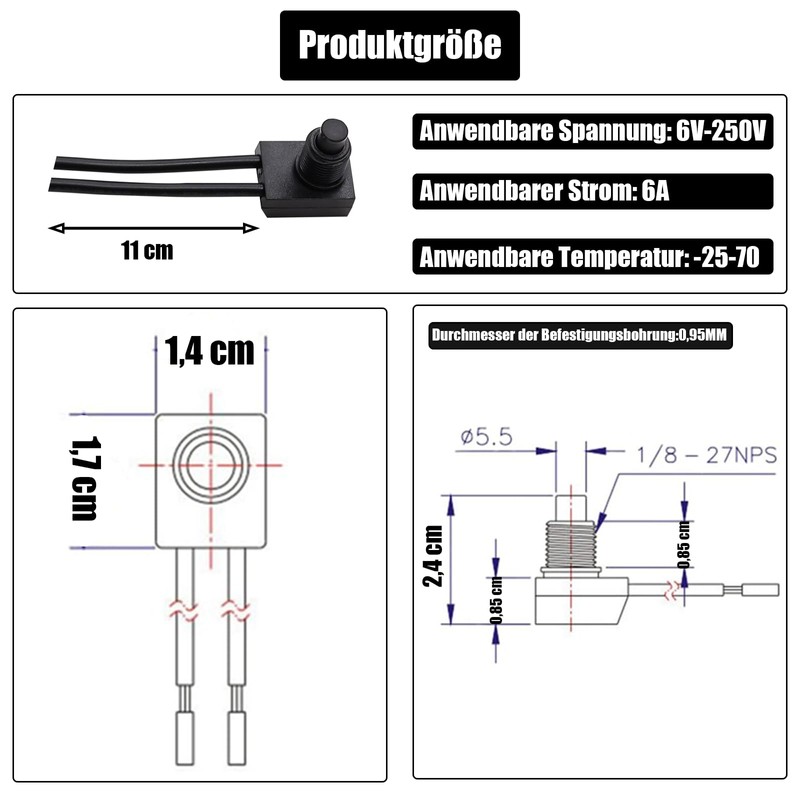 Powice 4 x Mini Switch with Wire 3-250V/6A, Round Self-Locking