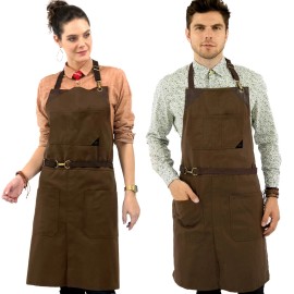 Under NY Sky Chef Apron - Twill, No-Tie, Leather Trim - Restaurant, Bartender, Barista, Grill - Brown Twill