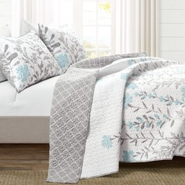 Lush Decor Aprile Reversible 3 Piece Quilt Set, Full/Queen, Blue & Gray